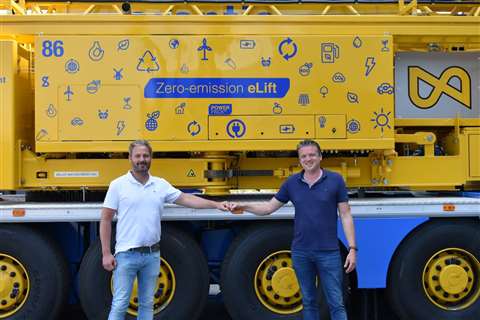 Richard Blom and Koos Spierings in front of a yellow crane